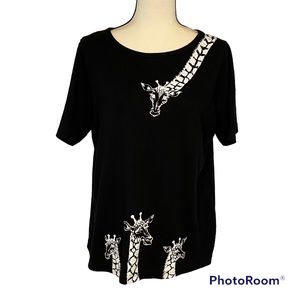 Vintage TAg Womens Black Giraffe print Blouse Top size PL Large Black and White